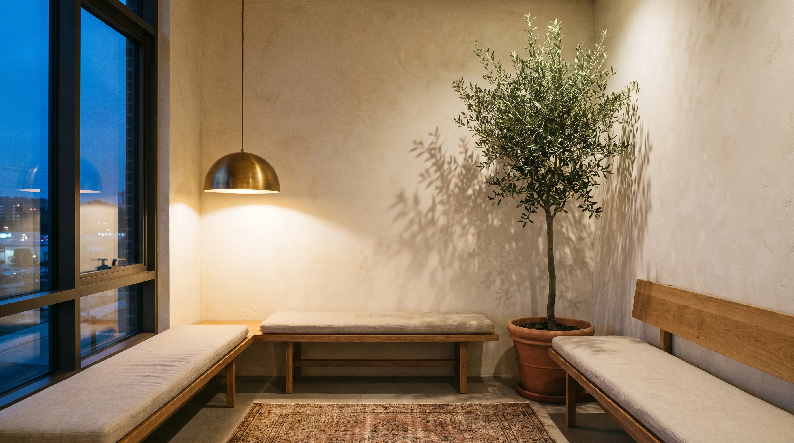 Canto de uma sala com luminária de latão, tapete e oliveira em vaso, luz quente ao entardecer
