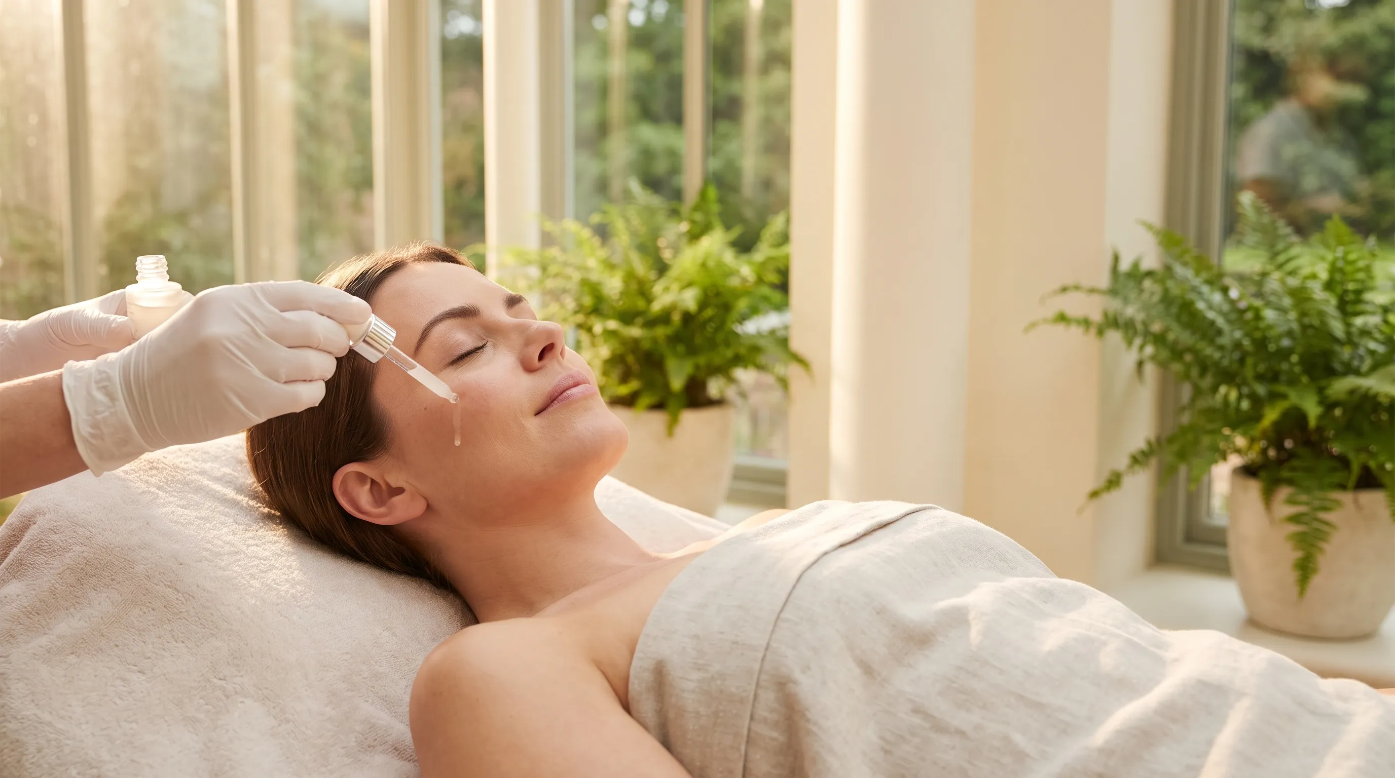 Cliente recebendo tratamento facial na Viridis, ambiente iluminado por luz natural e folhagem